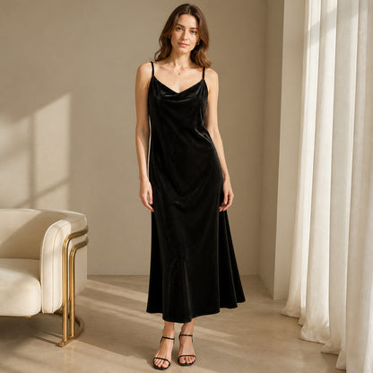 Margot Velvet Slip Midi in black, front view