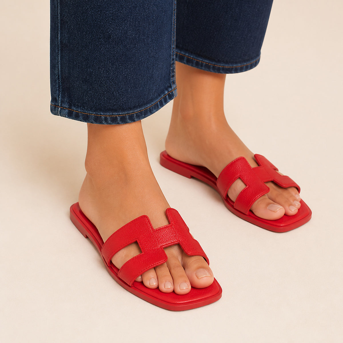 Nia Flat Slides in red, front view