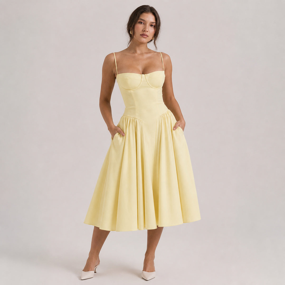 Colette Corset Midi in yellow, front view