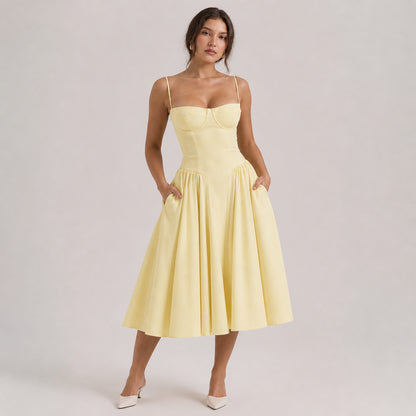 Colette Corset Midi in yellow, front view
