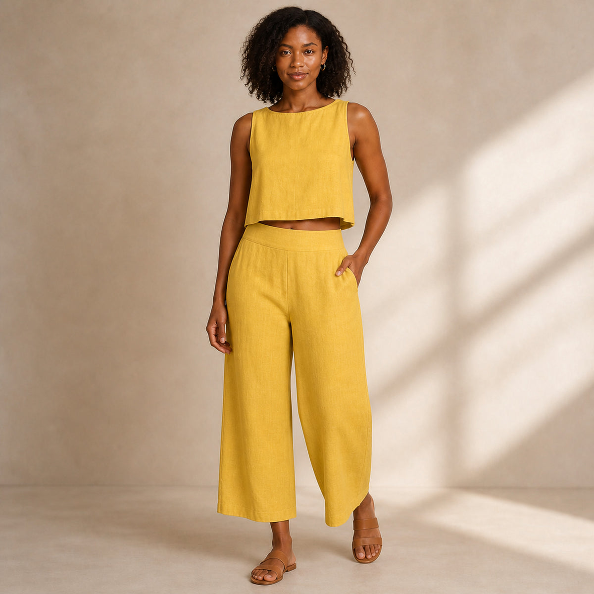 Margot Linen Two-Piece in yellow, front view