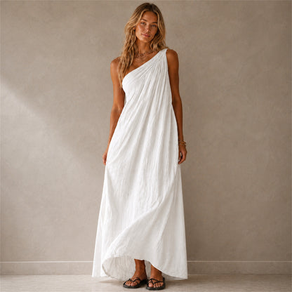 Fleur One-Shoulder Linen Maxi in white, front view