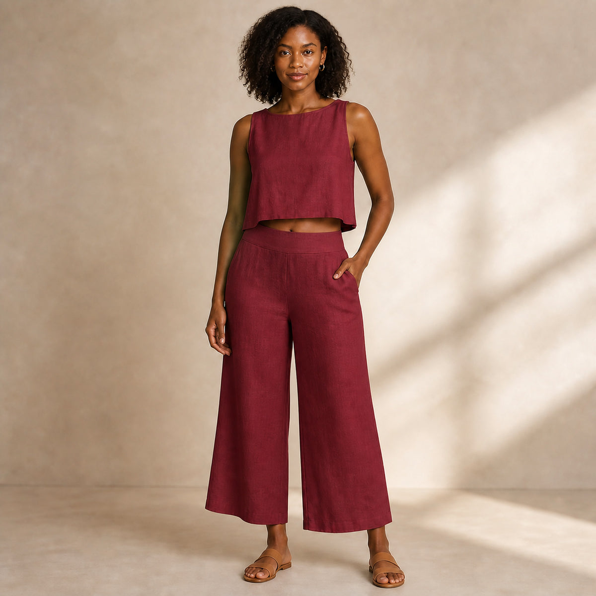 Margot Linen Two-Piece in burgundy, front view