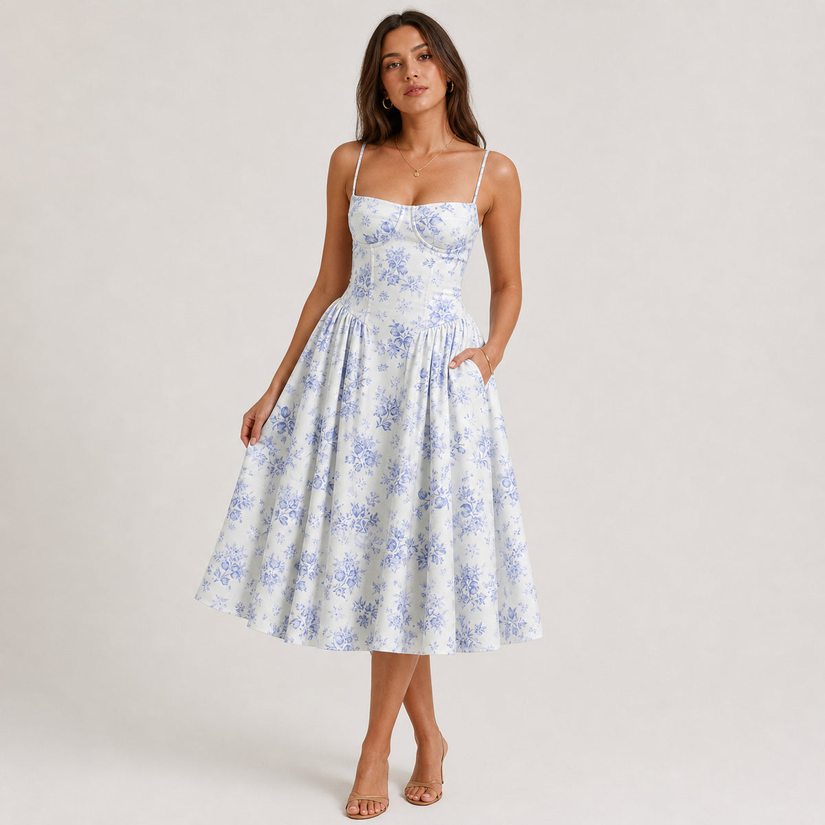 Colette Corset Midi in blue floral, front view