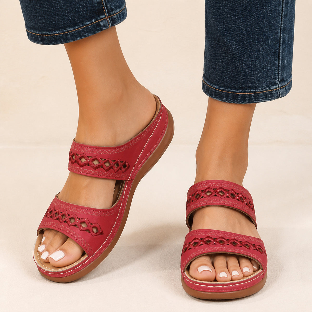 Odette Open-Toe Sandals in red, front view