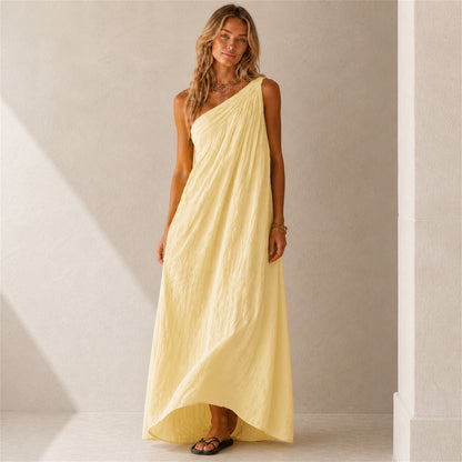 Fleur One-Shoulder Linen Maxi in yellow, front view
