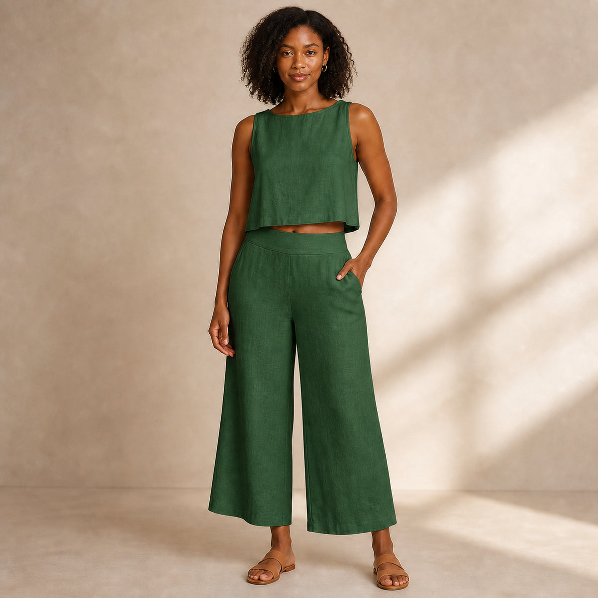 Margot Linen Two-Piece in green, front view