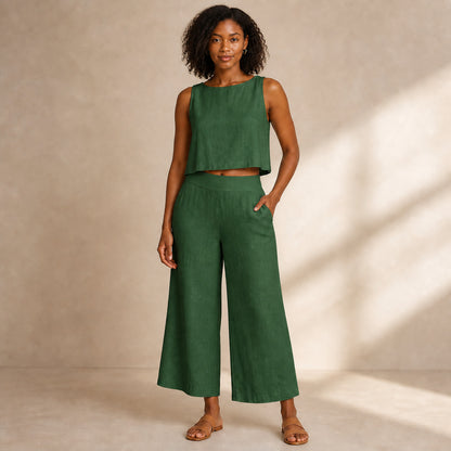Margot Linen Two-Piece in green, front view