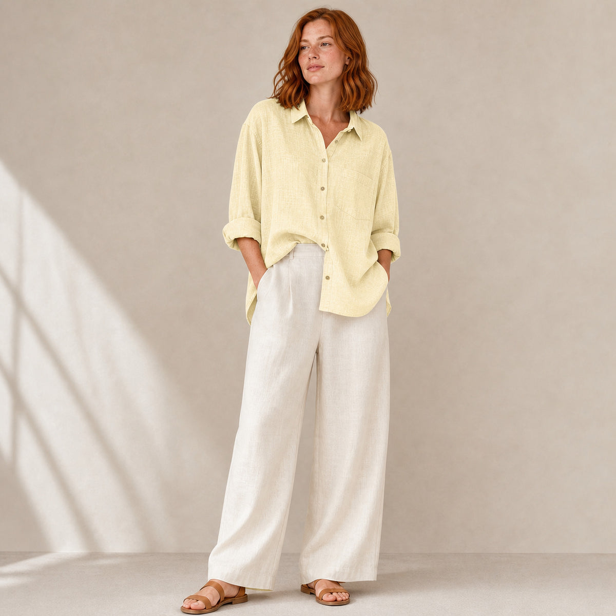 Isla Linen Shirt in pale yellow, front view