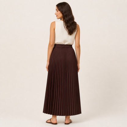 Maren Pleated Skirt, showing the pleats falling to mid-calf