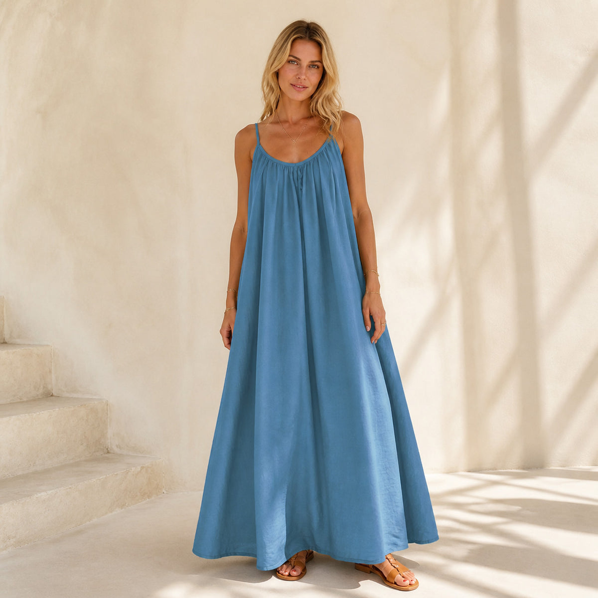 Ophelia Linen Maxi in blue, front view