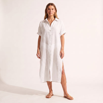 Maeve Oversized Linen Dress in white, front view