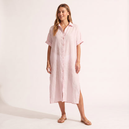 Maeve Oversized Linen Dress in pale pink, front view